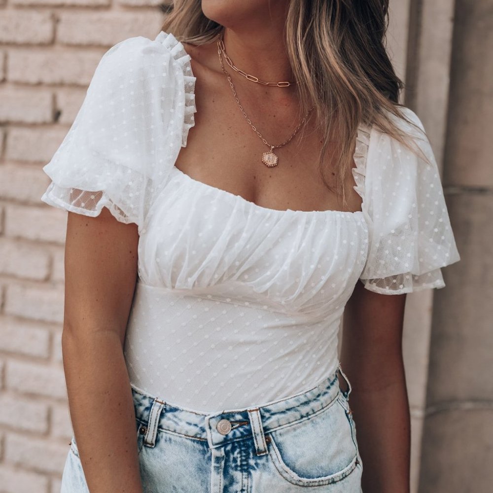 White Polka Dot Mesh See-through Ruffled Square Neck Bodysuit
